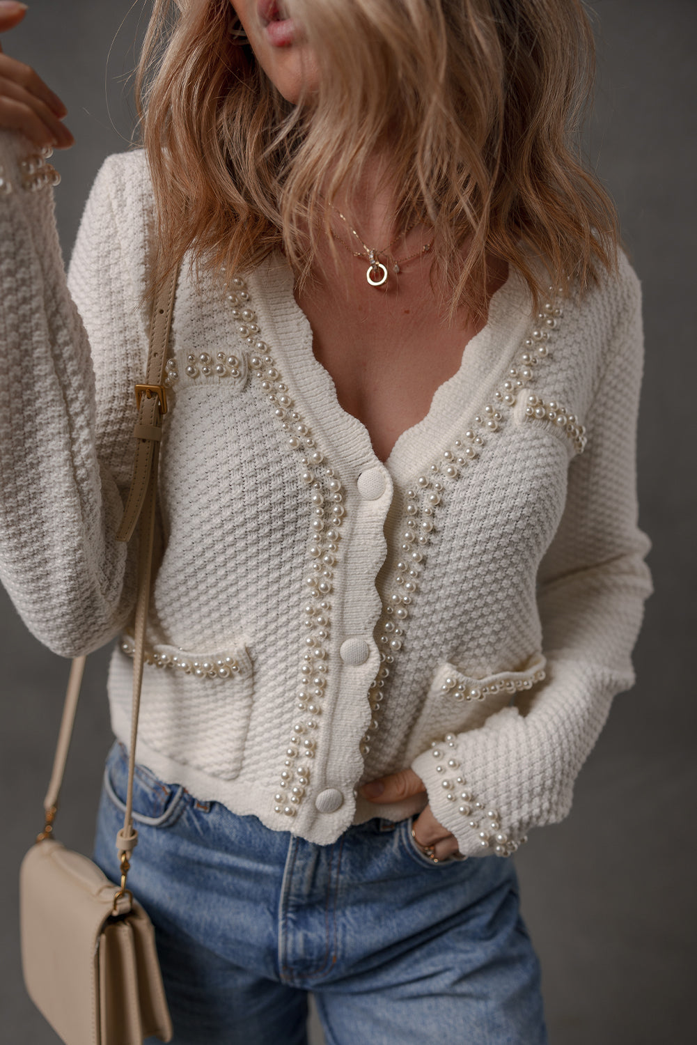 White Pearl Decor Scalloped Edge V Neck Elegant Cardigan Sweater