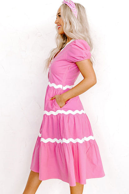 Bonbon Ric Rac Trim Short Puff Sleeve Flowy Midi Dress