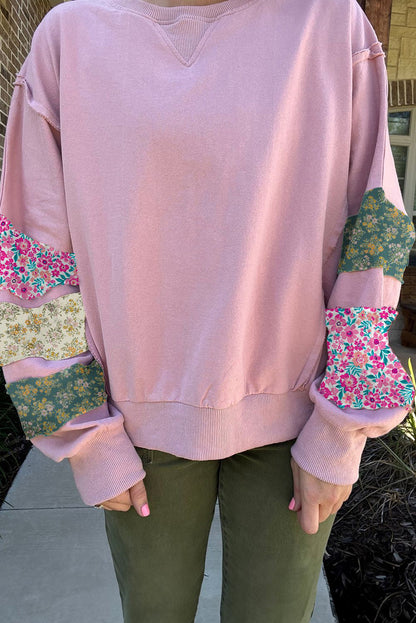 Pink Plus Size Mix Floral Patched Sleeve Ribbed Trim Baggy Sweatshirt