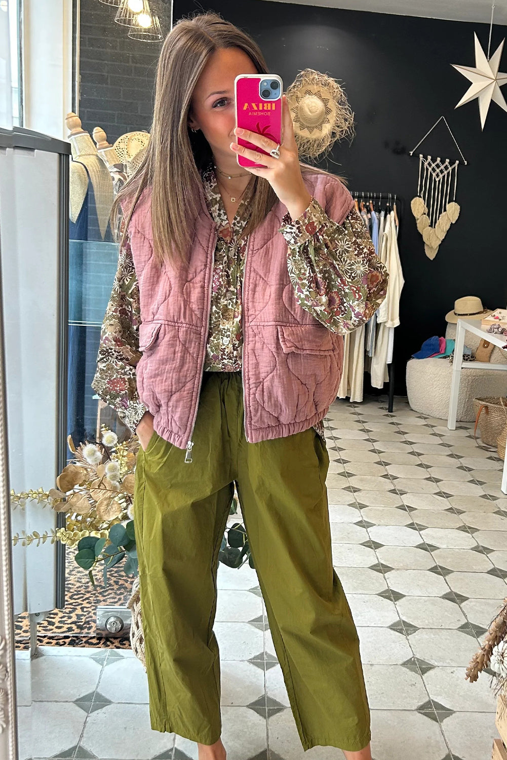 Pink Playful Quilted Zip Up Elastic Hem Vest