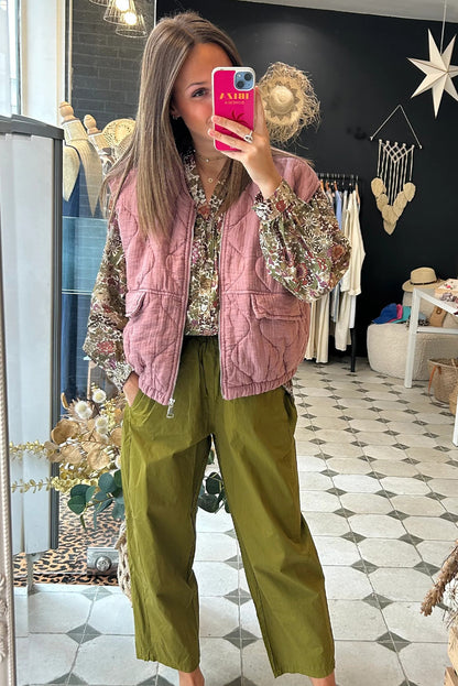 Pink Playful Quilted Zip Up Elastic Hem Vest