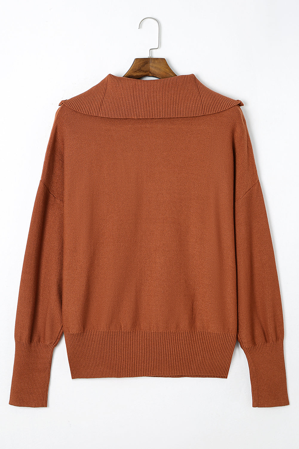 Cozy Brown Zip-Up Collar Plus Size Sweater with Ribbed Detail