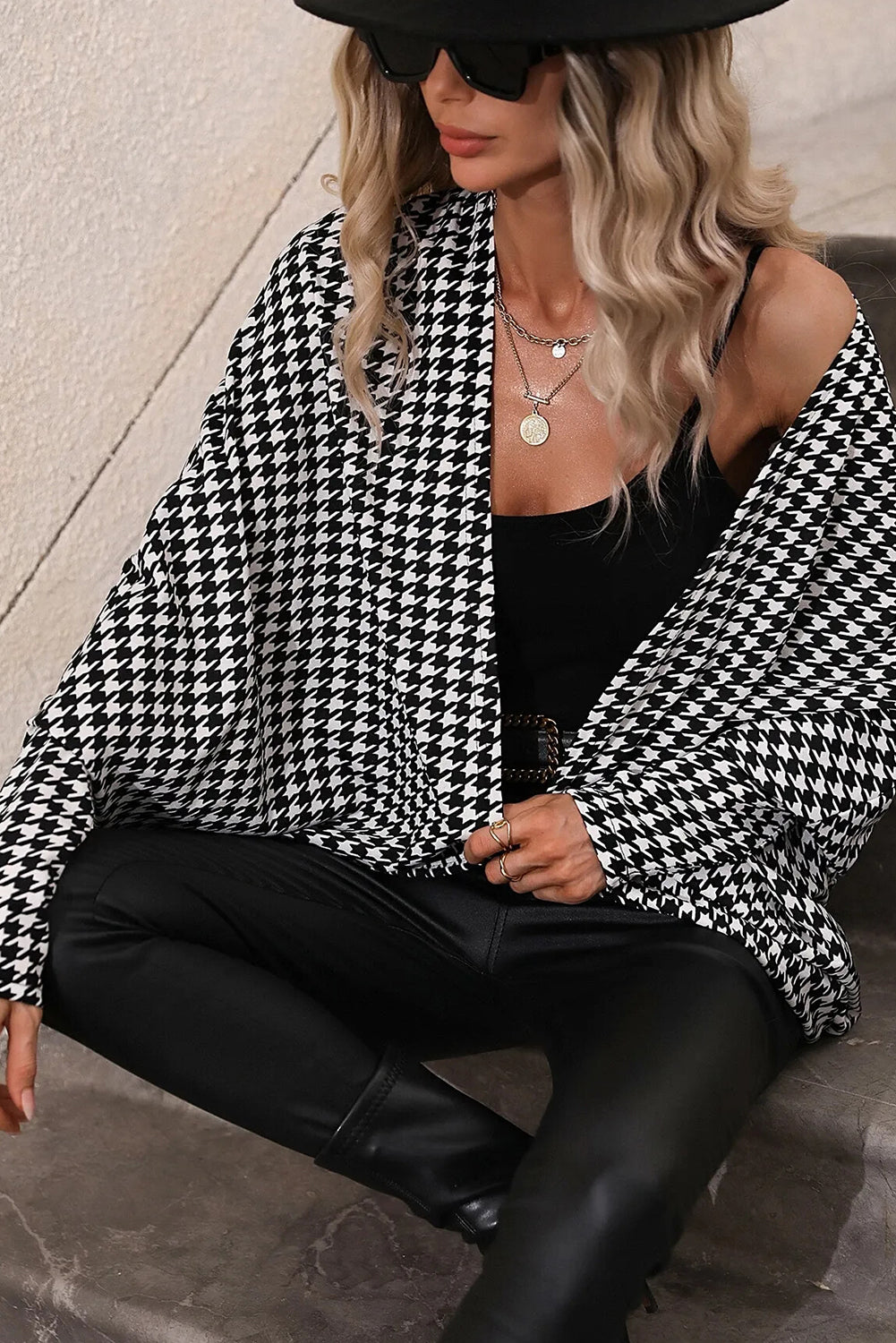 Black Houndstooth Print Open Front Long Dolman Cardigan