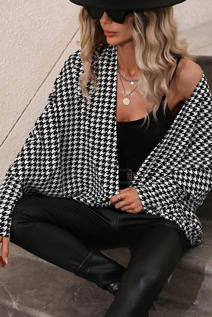 Black Houndstooth Print Open Front Long Dolman Cardigan