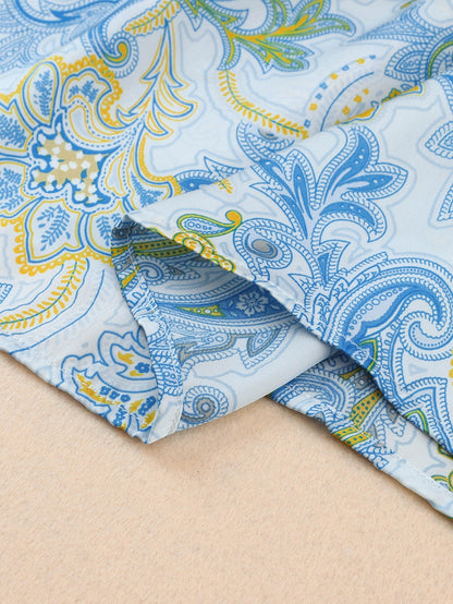 Elegant Sky Blue Paisley Pattern Flowy Blouse with Wide Sleeves