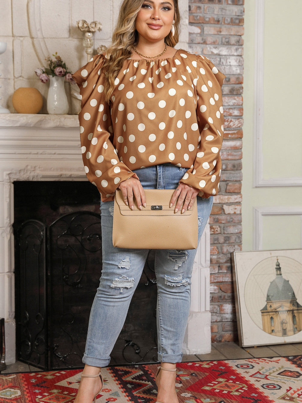 Khaki Polka Dot Ruched Neckline Puff Sleeve Blouse for Curvy Fashionistas