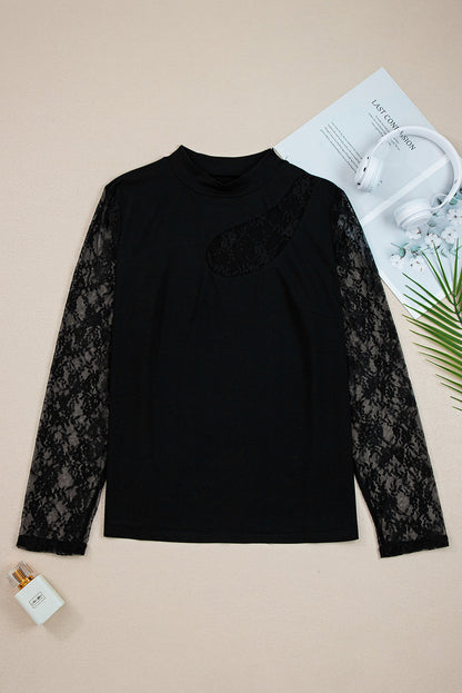 Black Plus Size Lace Patchwork Asymmetric Cutout Sheer Long Sleeve Top