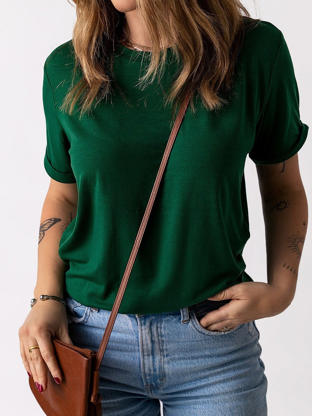 Green Casual Crew Neck T-Shirt for Women