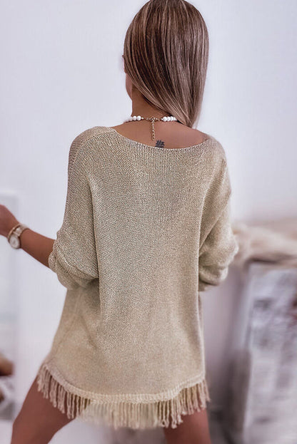 Khaki Knit Sweater with Fringe Detail for Casual Chic