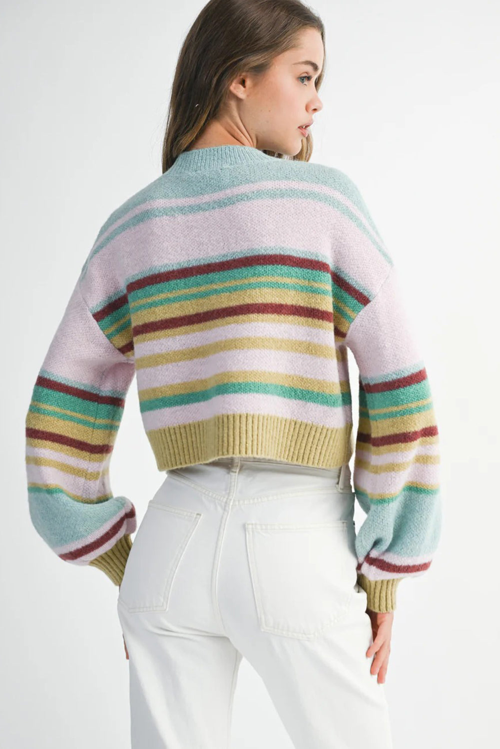 Multicolour Striped Knit Ribbed Trim Cropped Baggy Sweater
