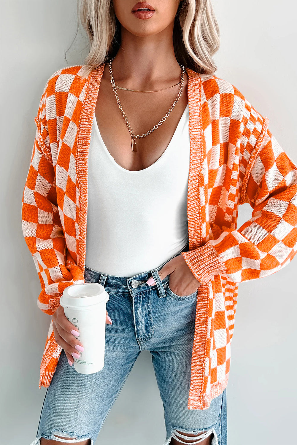 orange checkered cardigan