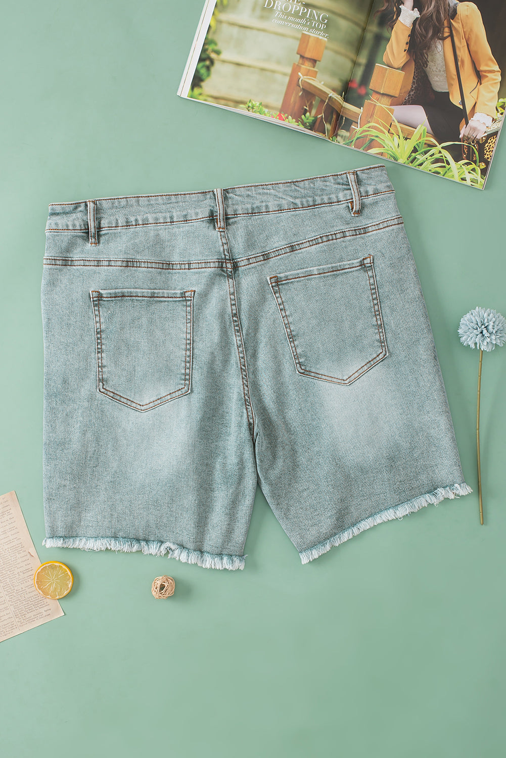 Light Blue Plus Size Distressed Rolled Hem Denim Shorts