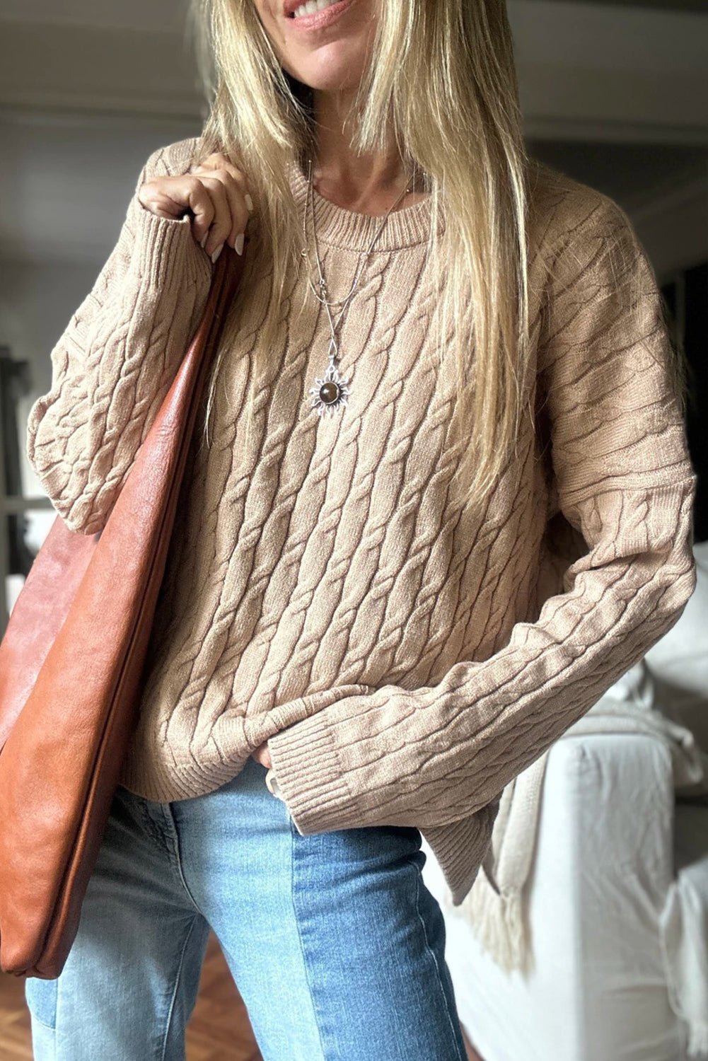 Parchment Drop Shoulder Cable Knit Round Neck Sweater