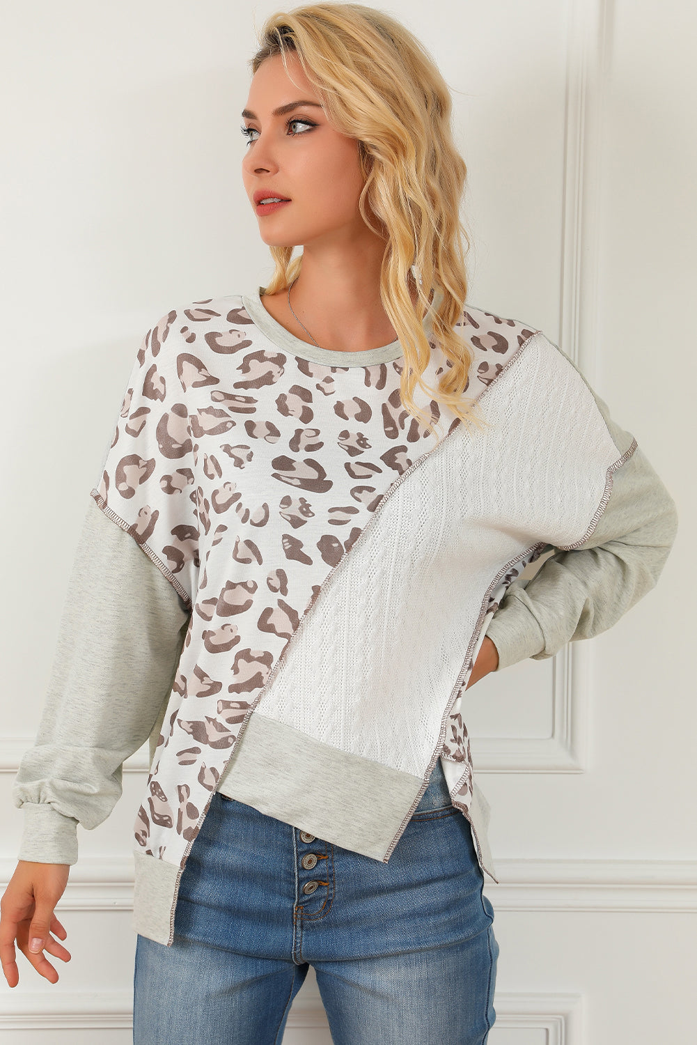 Leopard Patchwork Asymmetrical Loose Fit Sweatshirt