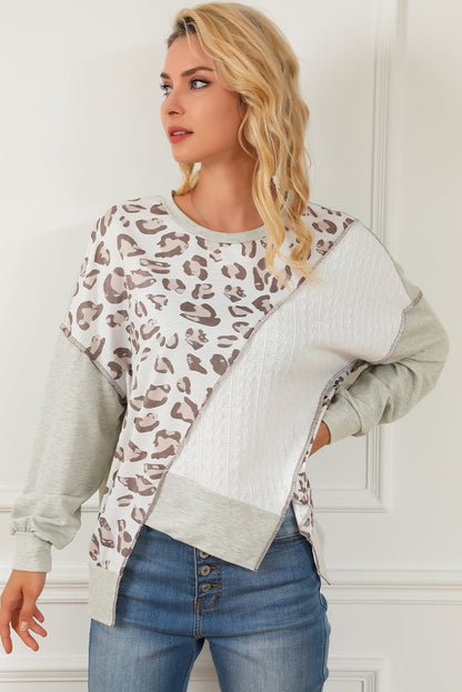 Leopard Patchwork Asymmetrical Loose Fit Sweatshirt