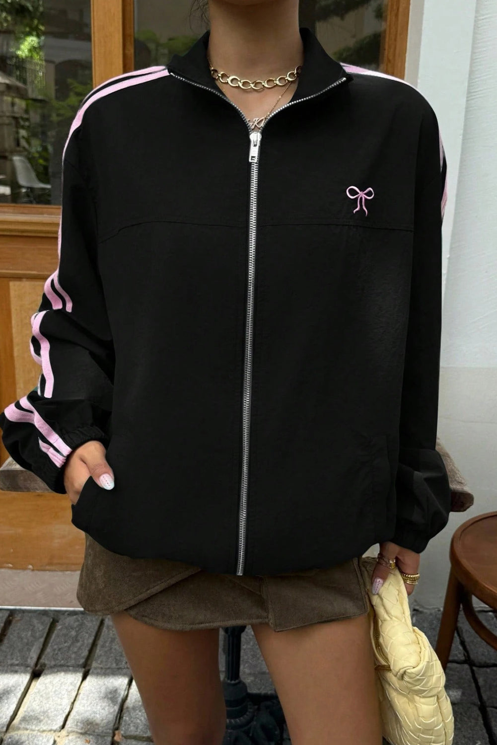 Black Bow Embroidered Detail Zip Up Sweatshirt Womens Jacket