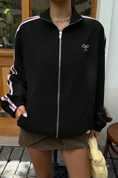 Black Bow Embroidered Detail Zip Up Sweatshirt Womens Jacket