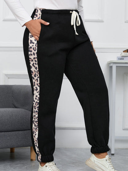 Leopard Patchwork High Waist Joggers for Plus Size Women