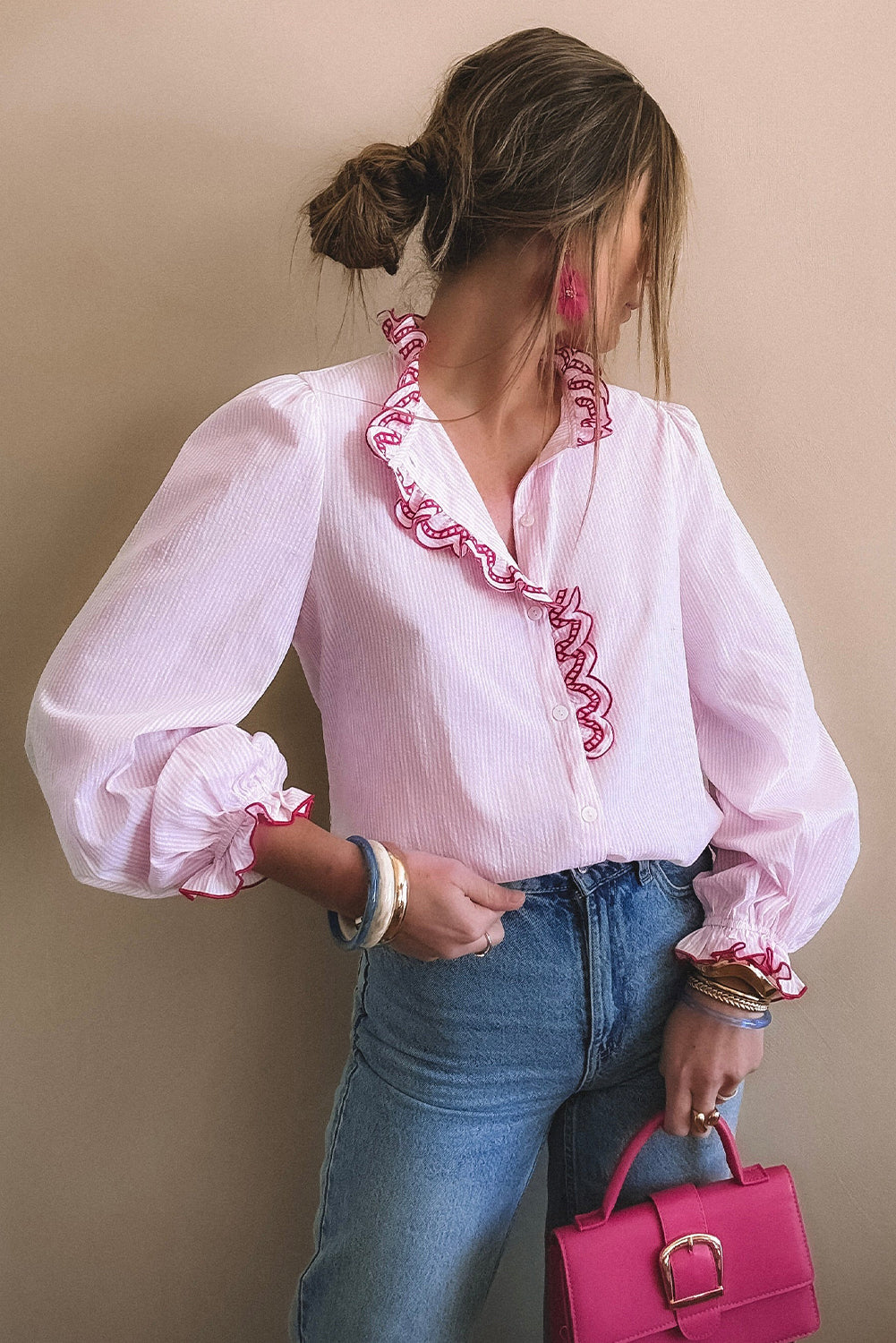 Light Pink Striped Print Embroidered Ruffle Trim Long Puff Sleeve Shirt