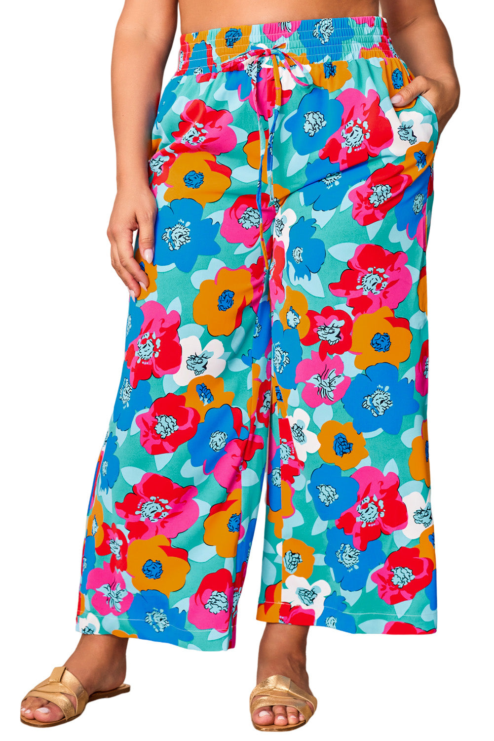 Vibrant Floral Print Plus Size Wide Leg Trousers