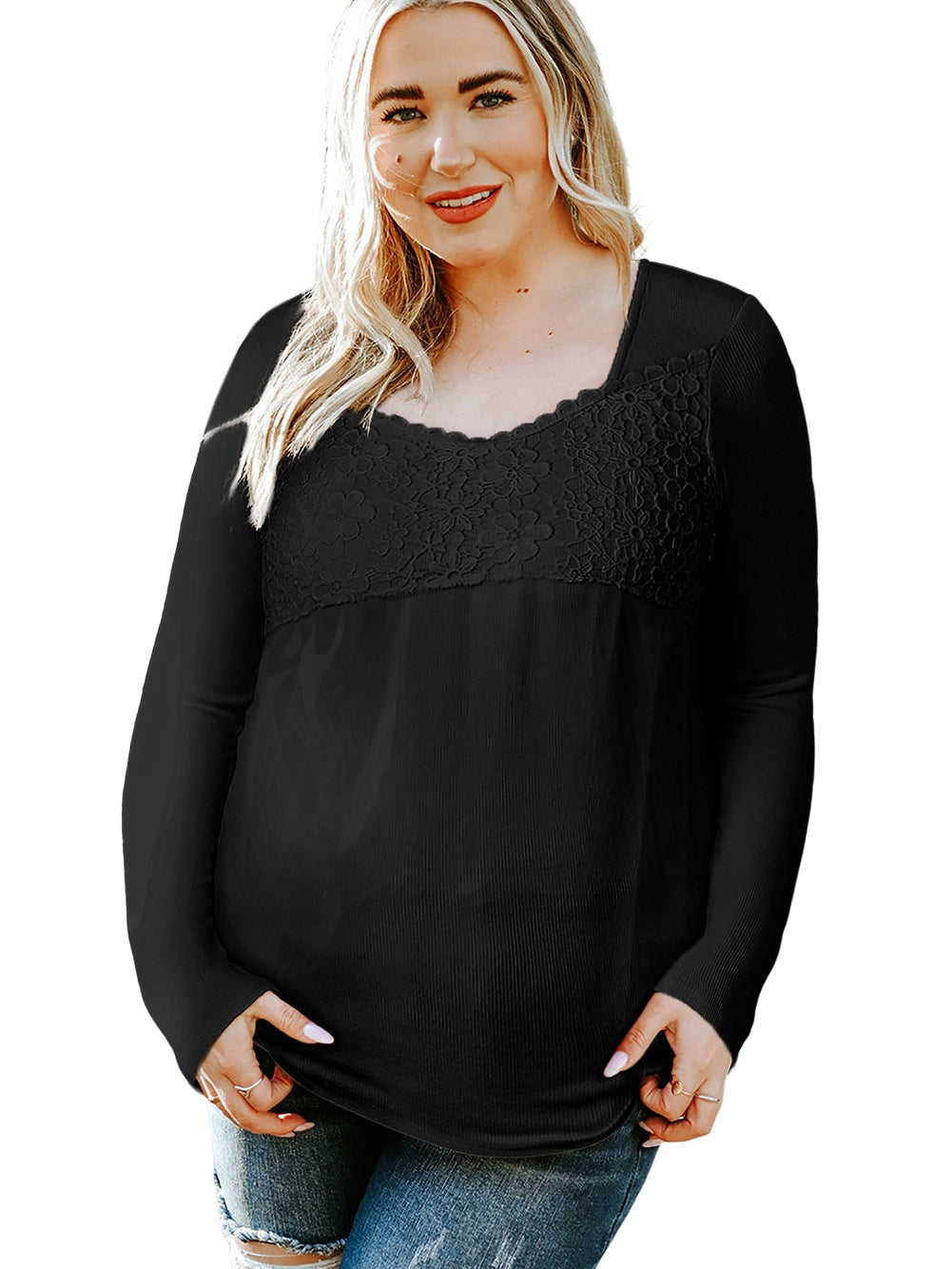 Elegant Black Lace Panel V Neck Long Sleeve Blouse