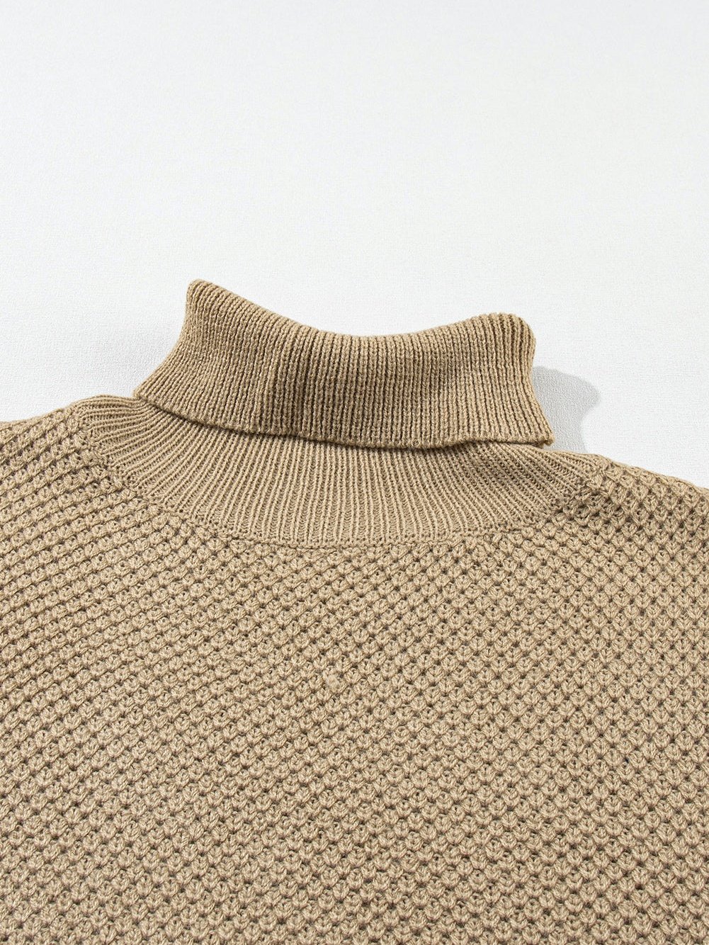 Elegant Pale Khaki Turtleneck Textured Short Sleeve Jumper