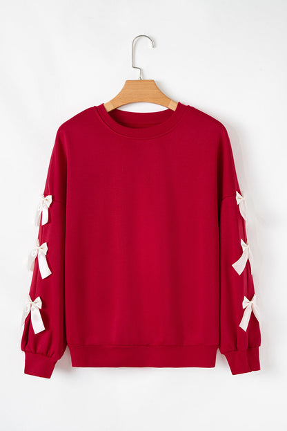 Fiery Red Contrast Bow Decor Dropped Sleeve Crewneck Sweatshirt
