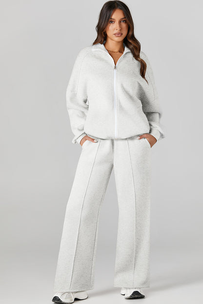 Light Grey Drop Shoulder Zip Up Jacket Drawstring Pants Active 2pcs Set