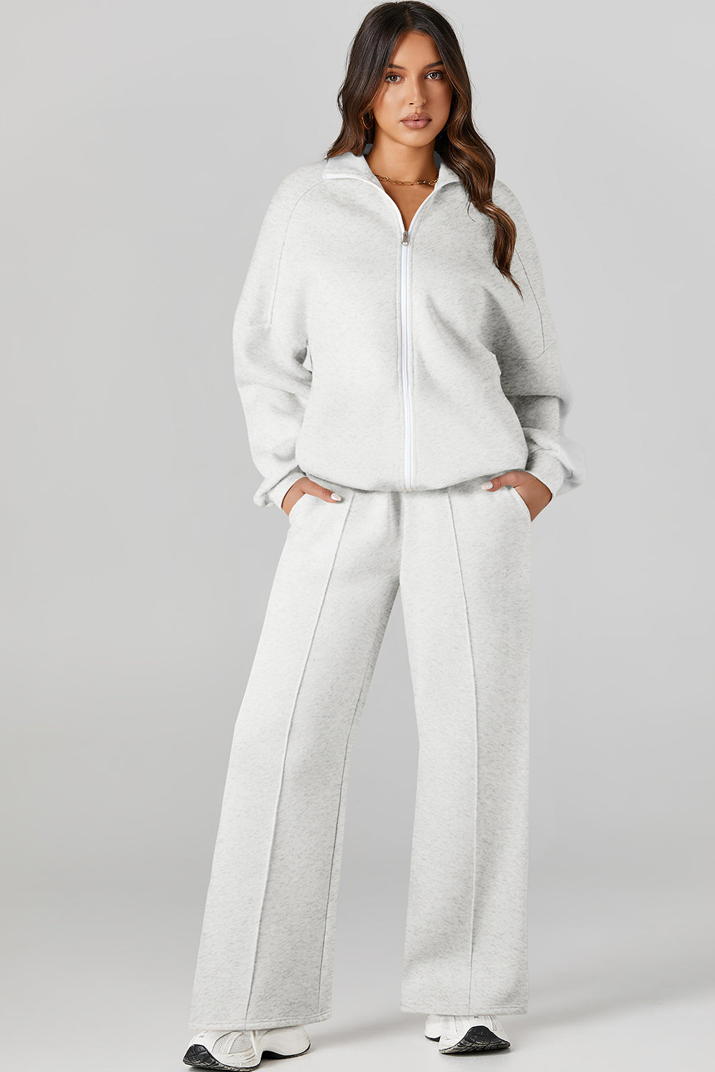 Light Grey Drop Shoulder Zip Up Jacket Drawstring Pants Active 2pcs Set