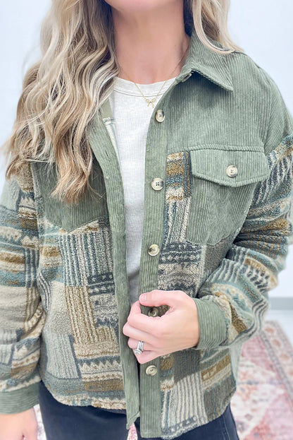 Smoke Green Corduroy Plush Patchwork Western Fashion Shacket