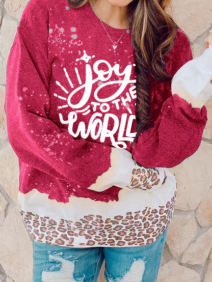 Joyful Leopard Print Red Loose Sweatshirt for Christmas Cheer