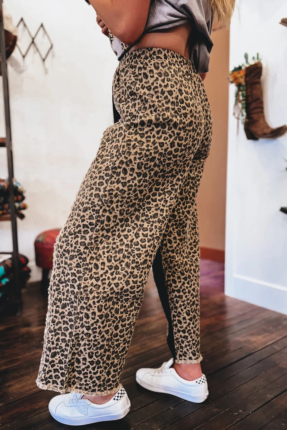 Black Frayed Seam Leopard Patchwork Wide Leg Jeans