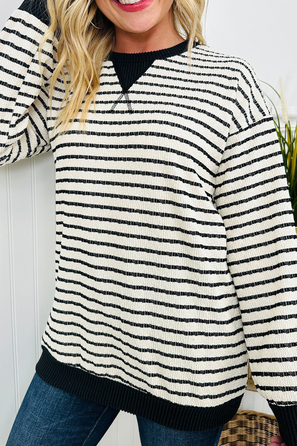 Black Stripe Twist Ribbed Drop Shoulder Pullover Top