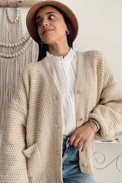 Parchment Textured Knit Side Pockets Buttoned V Neck Cardigan