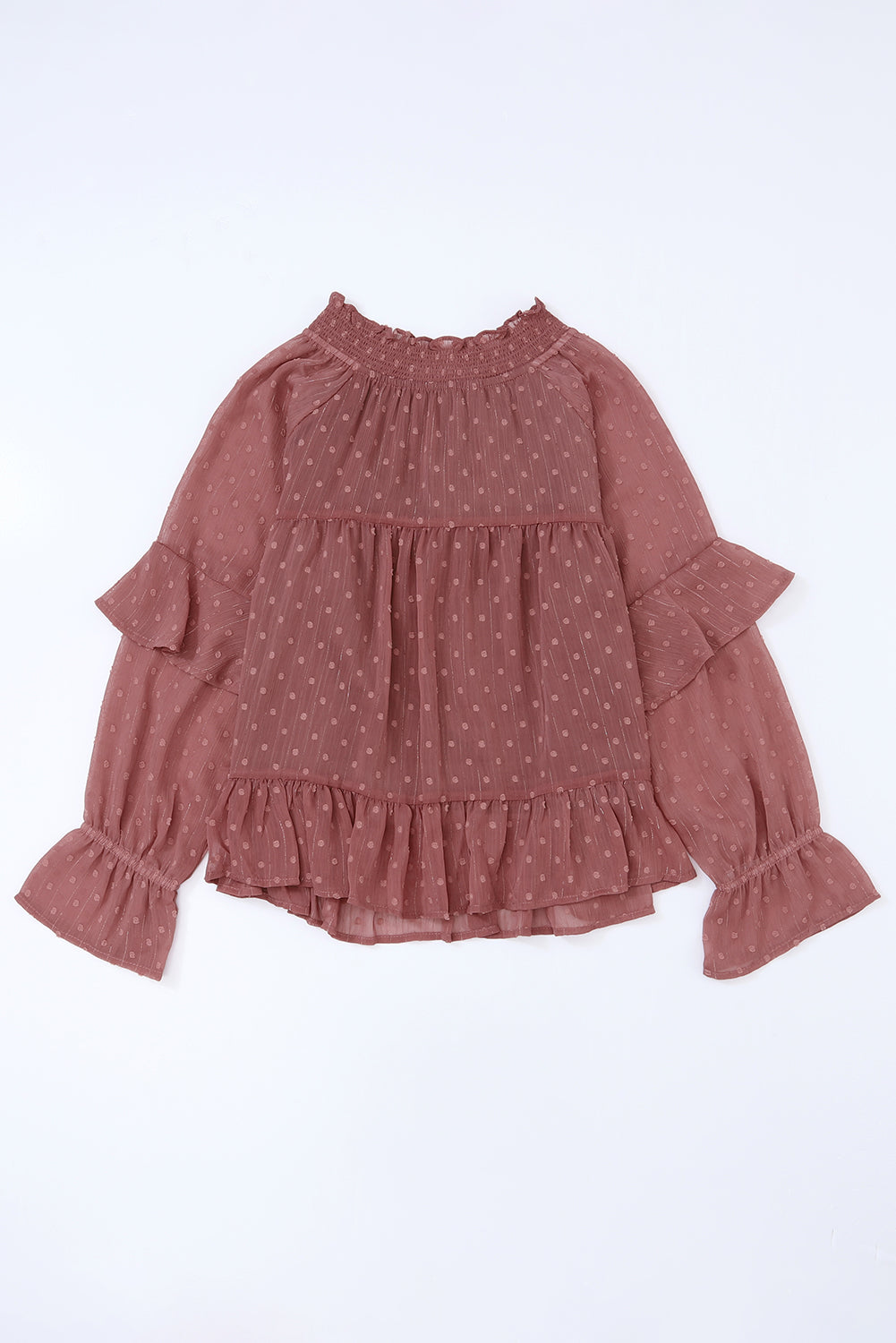 Fiery Red Swiss Dot Lace-up Bubble Sleeve Blouse