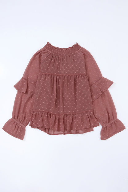 Fiery Red Swiss Dot Lace-up Bubble Sleeve Blouse