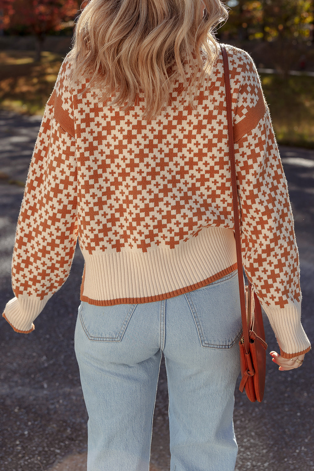 Brown Two Tone Contrast Geometric Ribbed Edge Loose Sweater