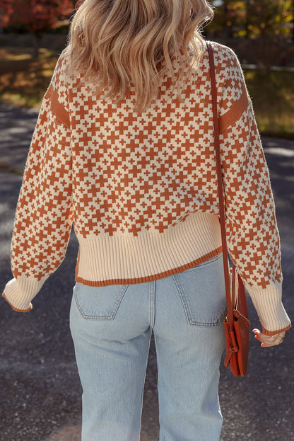 Brown Two Tone Contrast Geometric Ribbed Edge Loose Sweater