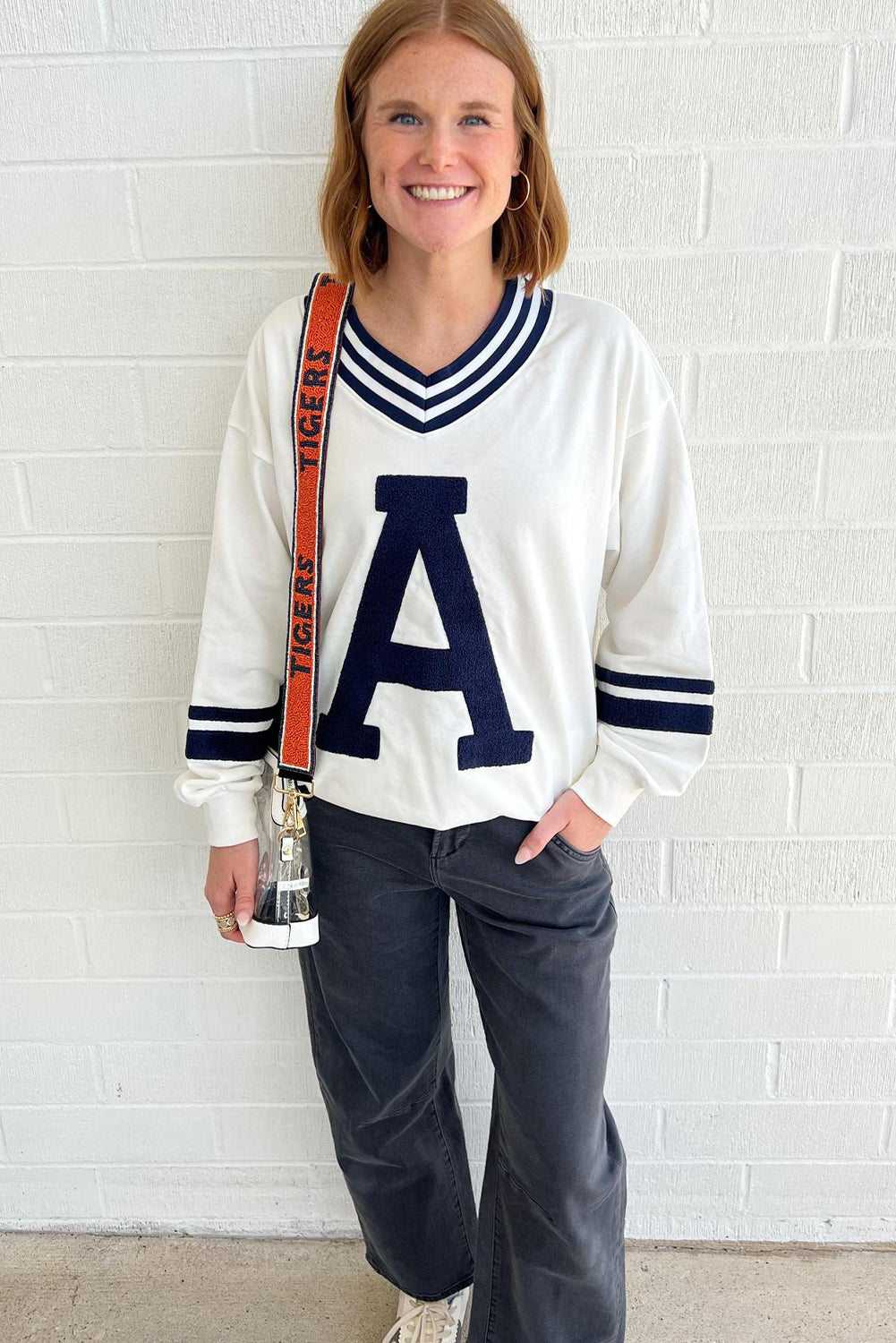Sail Blue Chenille Letter A Graphic Varsity Striped V Neck Puff Sleeve Sweatshirt