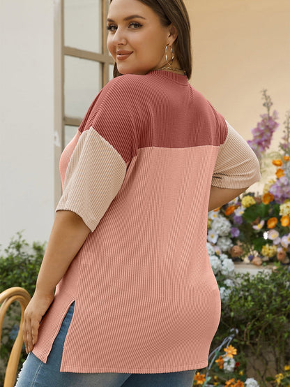 Rose Pink Plus Size Ribbed Colorblock T-shirt