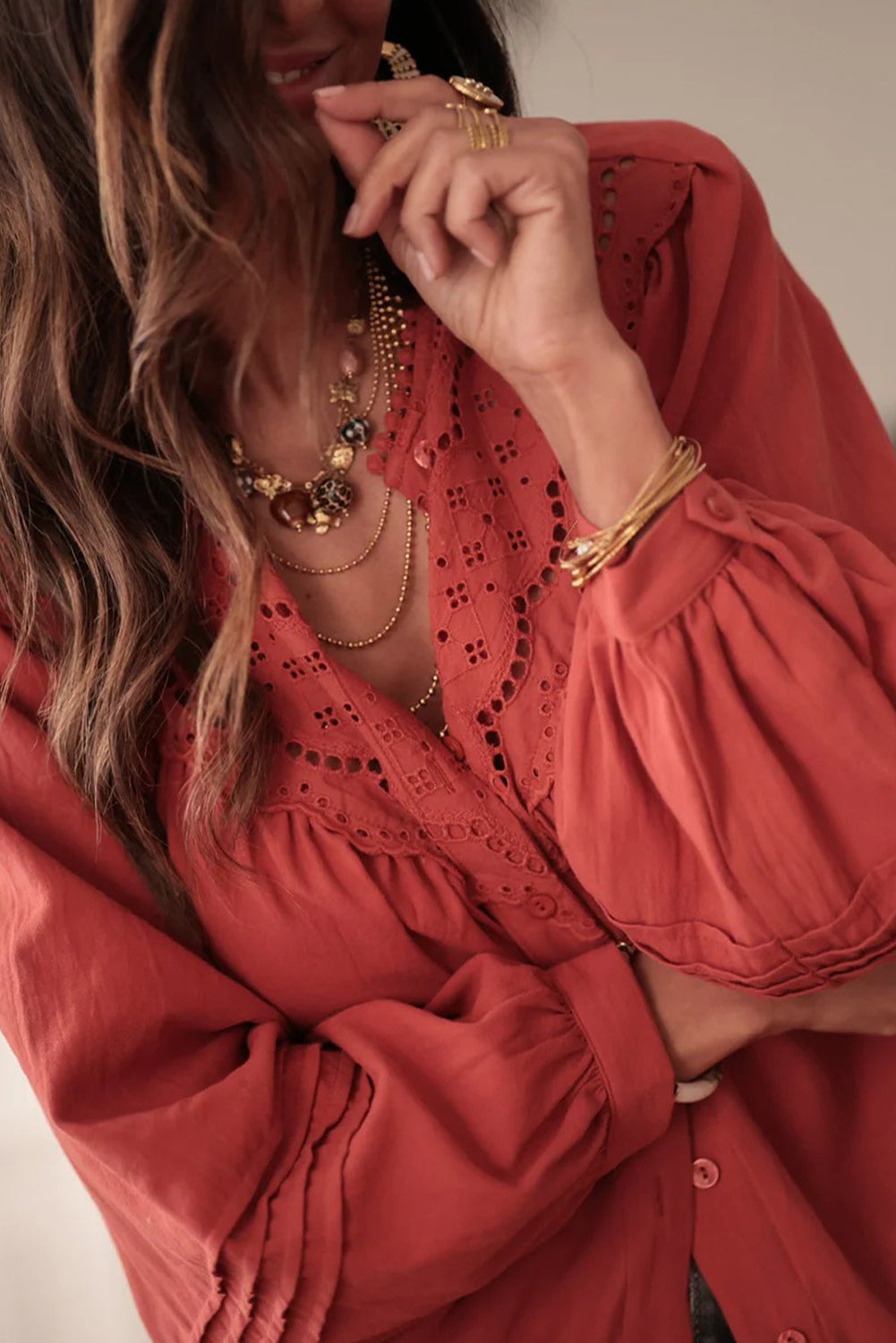 Tawny Eyelet Embroidered Patchwork Pintuck Long Sleeve Shirt