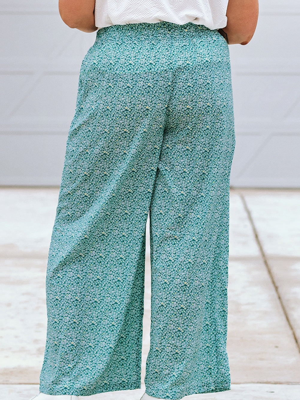 Green Floral Boho Tie-Waist Wide Leg Pants for Curvy Fashionistas