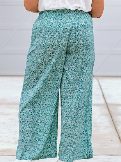 Green Floral Boho Tie-Waist Wide Leg Pants for Curvy Fashionistas