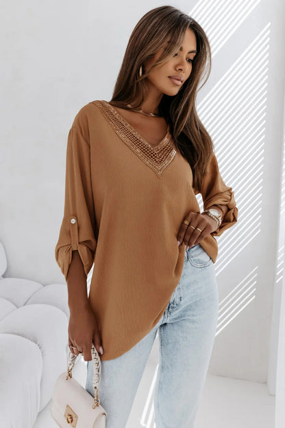 Camel Lace Patchwork V Neck Pinup Sleeve Blouse