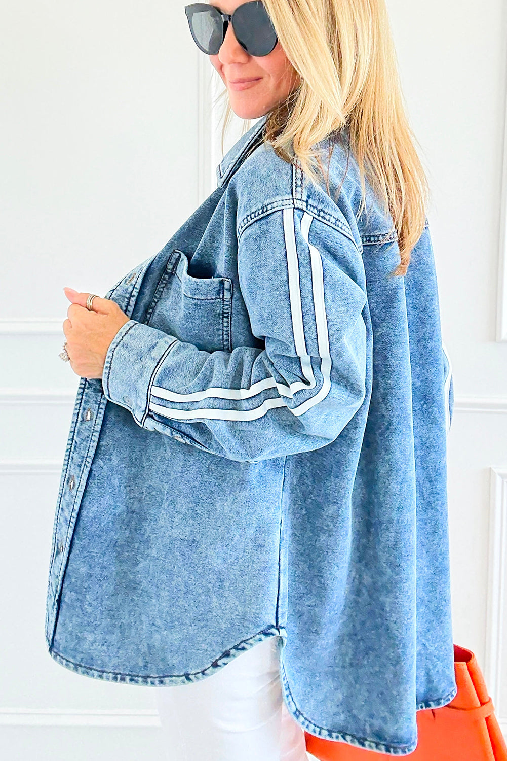 Myosotis Varsity Striped Sleeves Shirt Collar Button Down Denim Jacket