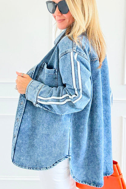 Myosotis Varsity Striped Sleeves Shirt Collar Button Down Denim Jacket