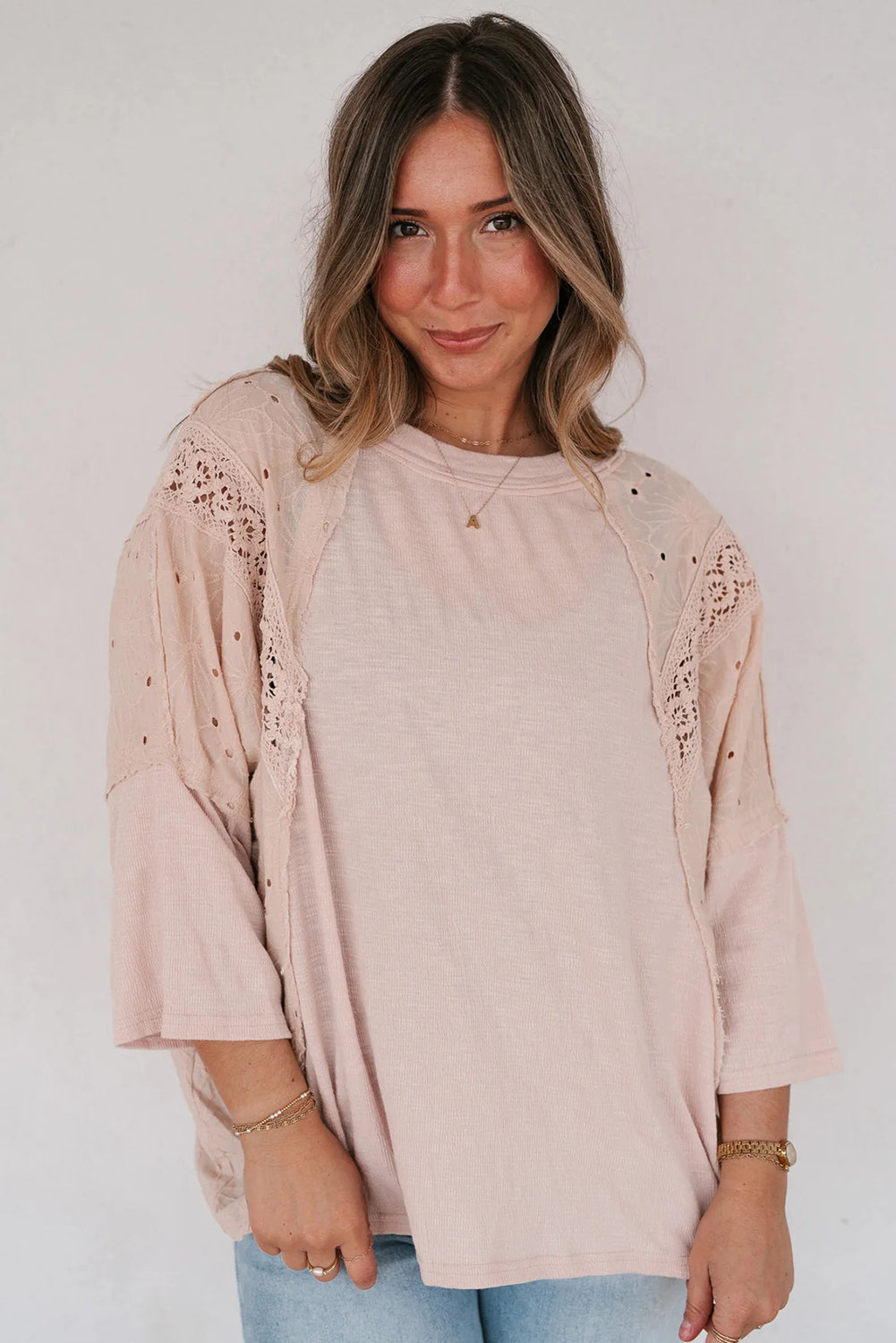 Apricot Pink Floral Lace Eyelet Patchwork Bracelet Sleeve T Shirt