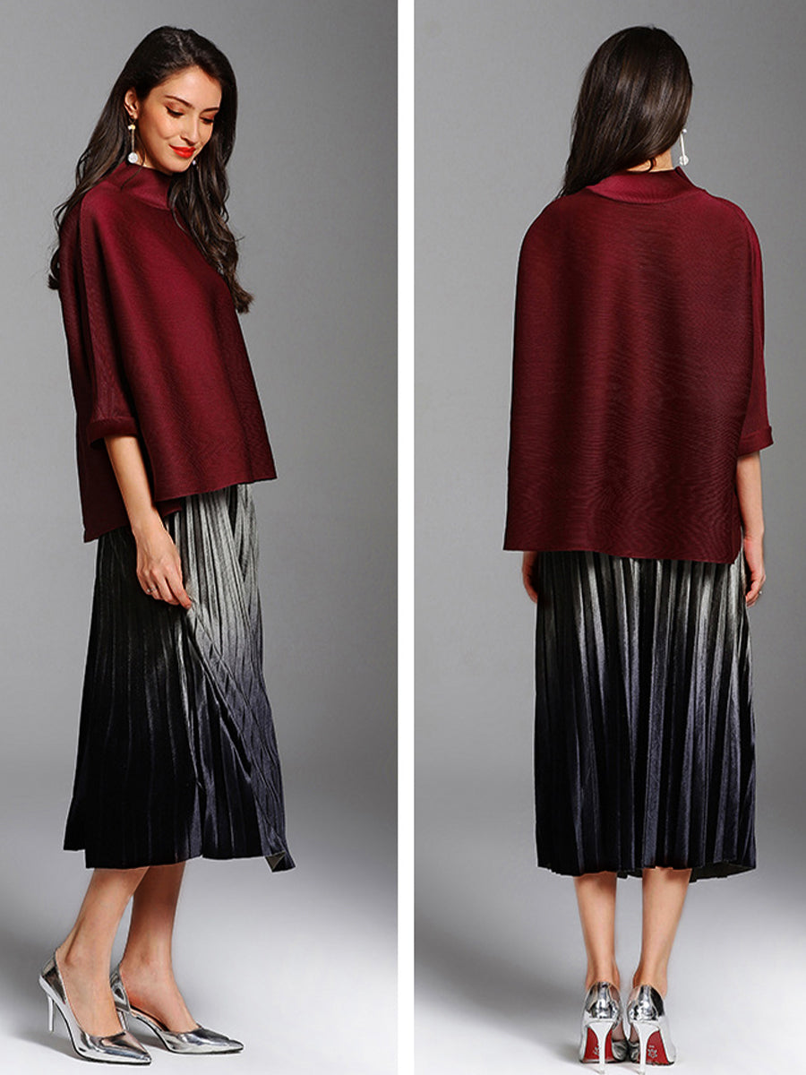 T-Shirts - Solid Color Pleated Turtleneck Loose T-Shirt - MsDressly