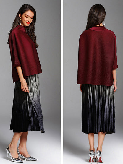 T-Shirts - Solid Color Pleated Turtleneck Loose T-Shirt - MsDressly