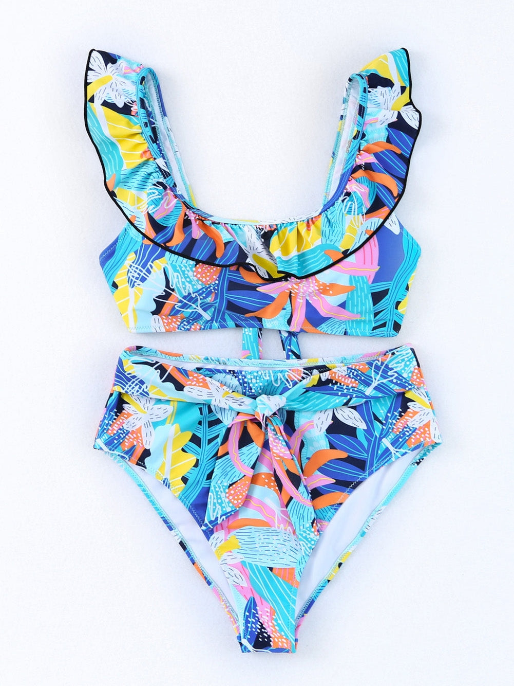 Green Floral Ruffle Square Neck High Waist Bikini Set